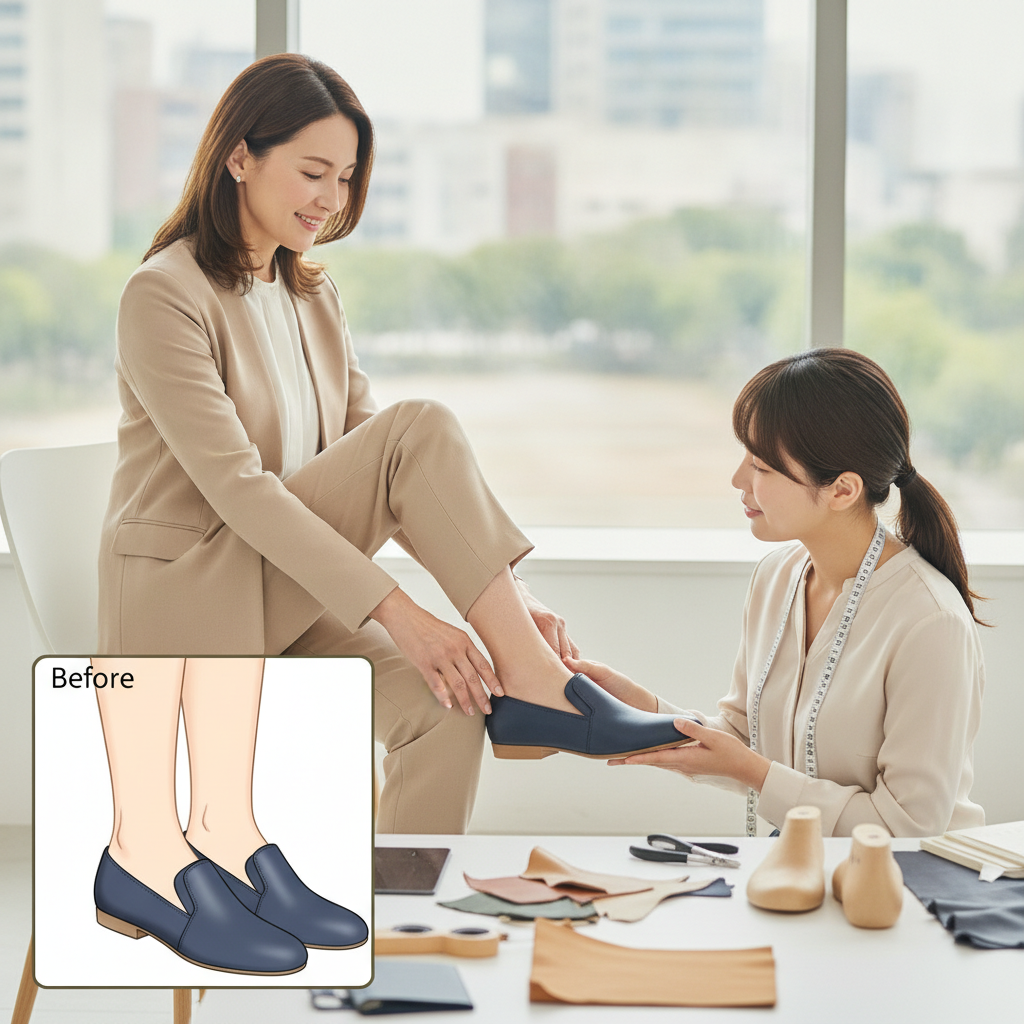 外反母趾や幅広の足の痛みを抱える女性がオーダーメイド靴でどのように快適さを得られますか？