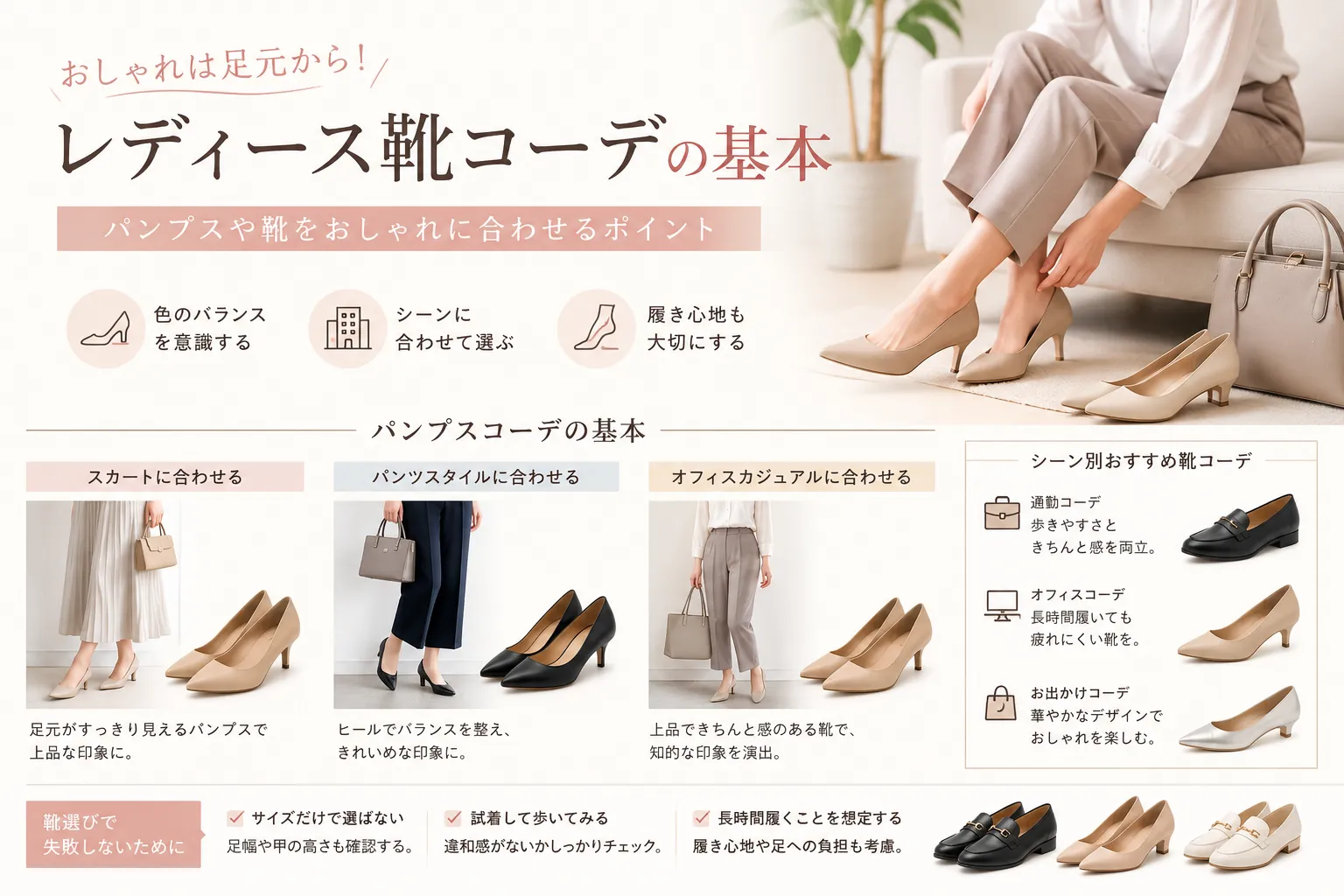 スカート・パンツ・オフィスカジュアル別のパンプスコーデ例と、シーン別のおすすめ靴をまとめた図解